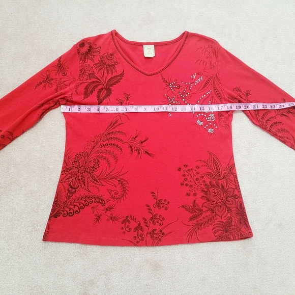 Jess & Jane Laceworks Red Floral Print 3/4 Sleeve Top Women’s Medium USA Cotton - Picture 7 of 11